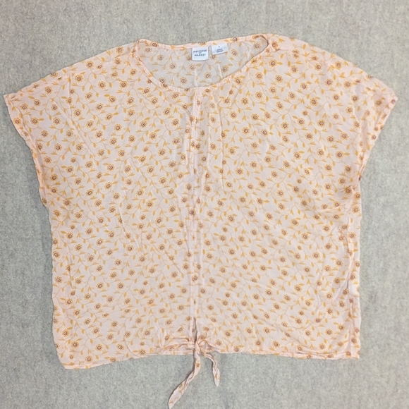 Melrose and Market Tops - Melrose & Market Floral Sunflower Tie-Front Women's Medium Cap Sleeve Blouse